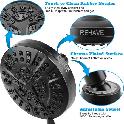 Shower Head, REHAVE Rainfall ShowerHead, 5.1 Inches High-Pressure with 63 Jets 8 Spray Modes - Replacement for Bathroom Shower Heads - Anti-Clogging Silicone Nozzles, Brass Angle-adjustable Ball Joint