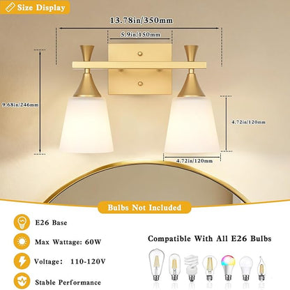 2 Light Modern Bathroom Vanity Light, Milk Glass Wall Light Fixtures Over Mirror, Brushed Gold Vanity Lighting for Bathroom, Living Room, Bedroom, E26 Base (Exclude Bulb)