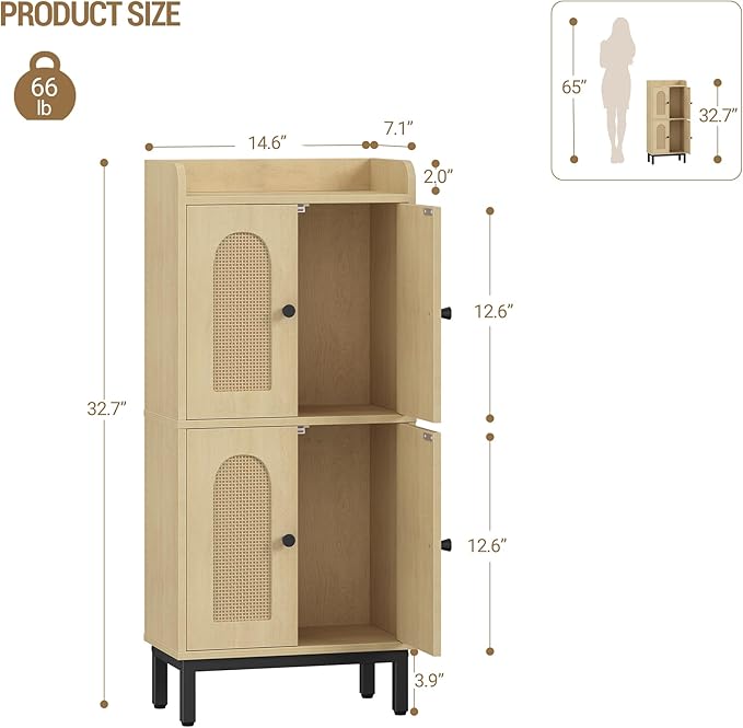 Bathroom Cabinet, Small Storage Cabinet with 4 Doors, Bathroom Organizers and Storage Cabinets with Adjustable Feet, Cabinets Freestanding for Living Room, Kitchen, 7.1"D x 14.6"W x 32.7"H