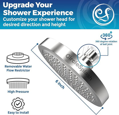 High Pressure Shower Head by Circle Splash -6 inch Chrome fixture-luxury rainfall -detachable water restrictor-tool-free installation with teflon tape