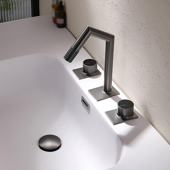 3 Holes Restroom Faucet 2 Knobs Hot and Cold Faucet for Bathroom Sink Copper,Gun Gray