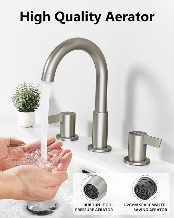 Bathroom Sink Faucet 3 Hole 8 Inch Widespread 2-Handle Vanity Faucet SUS304 Stainless Steel with Pop-Up Drain and Supply Lines Brushed Nickel