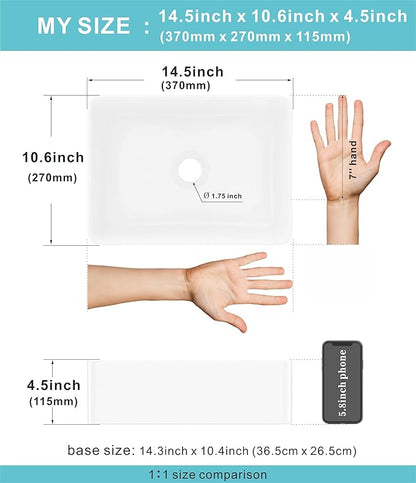 J-FAMILY 14.5'' x 10.6'' Small Vessel Sink Bathroom Above Counter White Porcelain Ceramic Rectangular Sink Bowl Small Vanity Sink Lavatory Wash Hand Basin