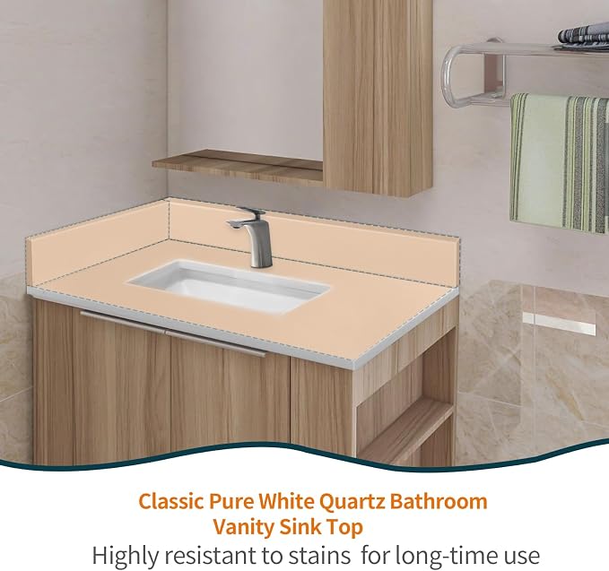 30" x 22" Vanity Top, Quartz Vanity Sink Top in Pure White, with One Sidesplash & One Backsplash, with Undermounted Rectangular Sink,Single Faucet Hole for Vanity Top with Sink