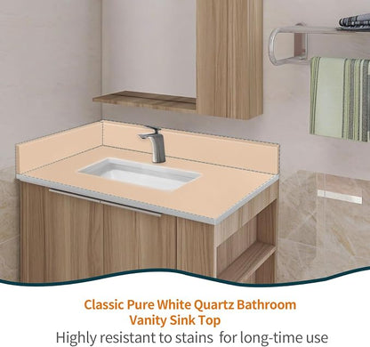 30" x 22" Vanity Top, Quartz Vanity Sink Top in Pure White, with One Sidesplash & One Backsplash, with Undermounted Rectangular Sink,Single Faucet Hole for Vanity Top with Sink