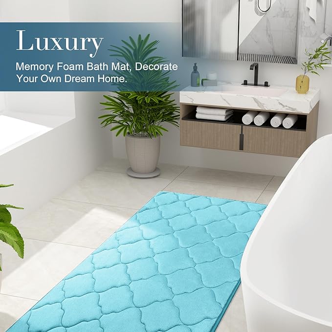 OLANLY Memory Foam Bath Mat Rug 47x17, Ultra Soft and Absorbent Bathroom Rugs, Non-Slip, Comfortable, Machine Washable Bath Carpet for Bathroom Floor, Tub, Shower and Home Decor Accessories, Sky Blue