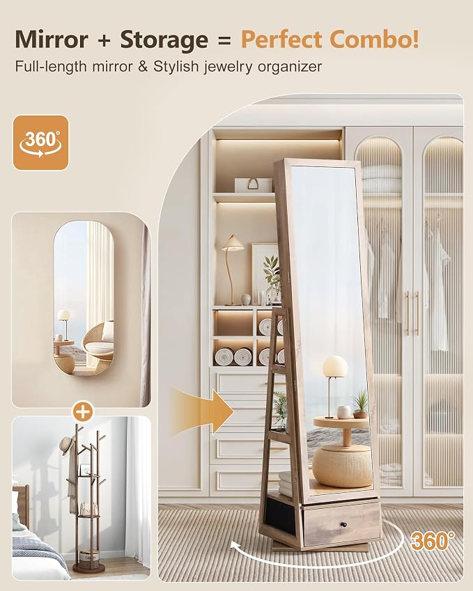 Nicetree 360° Swivel Jewelry Cabinet with Lights, Full Length Mirror, Oak | Standing Mirror Jewelry Cabinet, Lockable Mirror with Storage, Lighted Interior Mirror, Rear Shelves, Flip-over Shelf