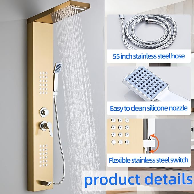 5-in-1 Shower Panel Tower System - Brushed Gold | 304 stainless steel Shower Panel Tower Column with Powerful Body Jets, Rainfall, Waterfall,Handheld and Tub Spout