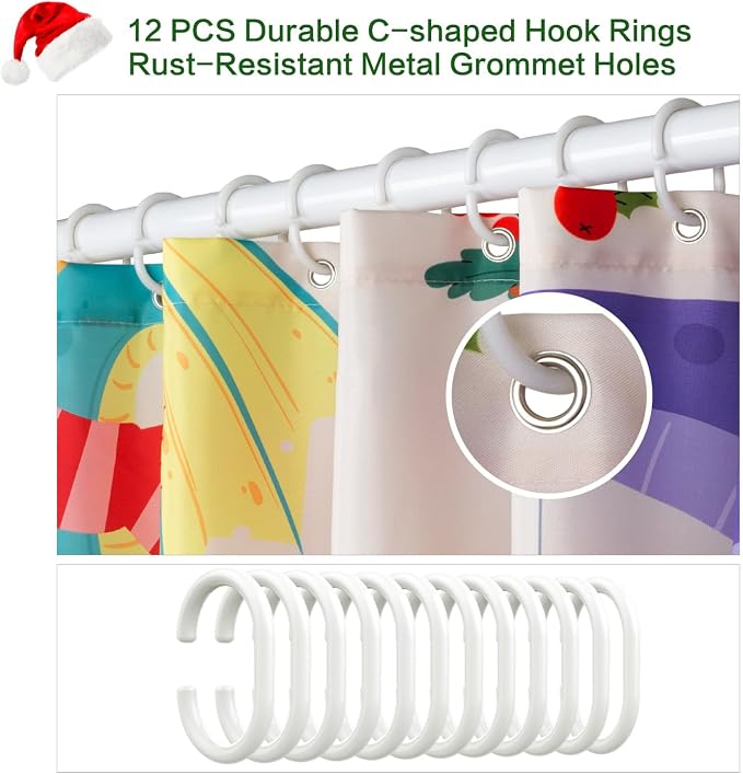 Shower Curtain Christmas, Kids Shower Curtain Santa's Hat Dinosaur Party Gift Box Cake Candy Jingling Bell String Light Xmas Theme Machine Washable Home Farmhouse Waterproof Decor Bathroom Curtain