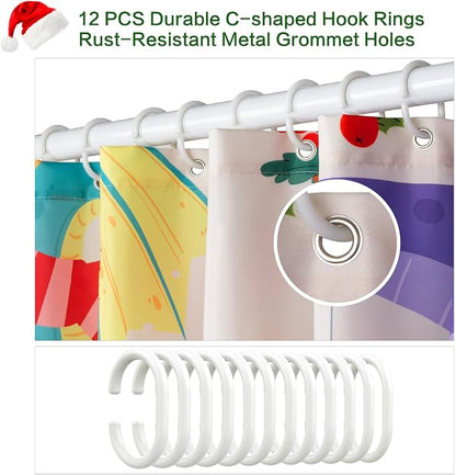 Shower Curtain Christmas, Kids Shower Curtain Santa's Hat Dinosaur Party Gift Box Cake Candy Jingling Bell String Light Xmas Theme Machine Washable Home Farmhouse Waterproof Decor Bathroom Curtain