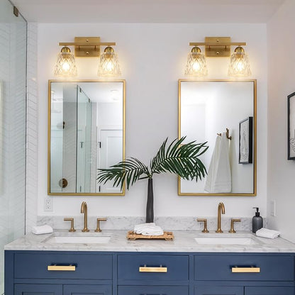Mecgirn Stainless Steel Bathroom Vanity Light Over Mirror, 2 Light Brushed Gold Bathroom Light Fixtures with Textured Glass Shades, Modern Vanity Lighting Wall Mount