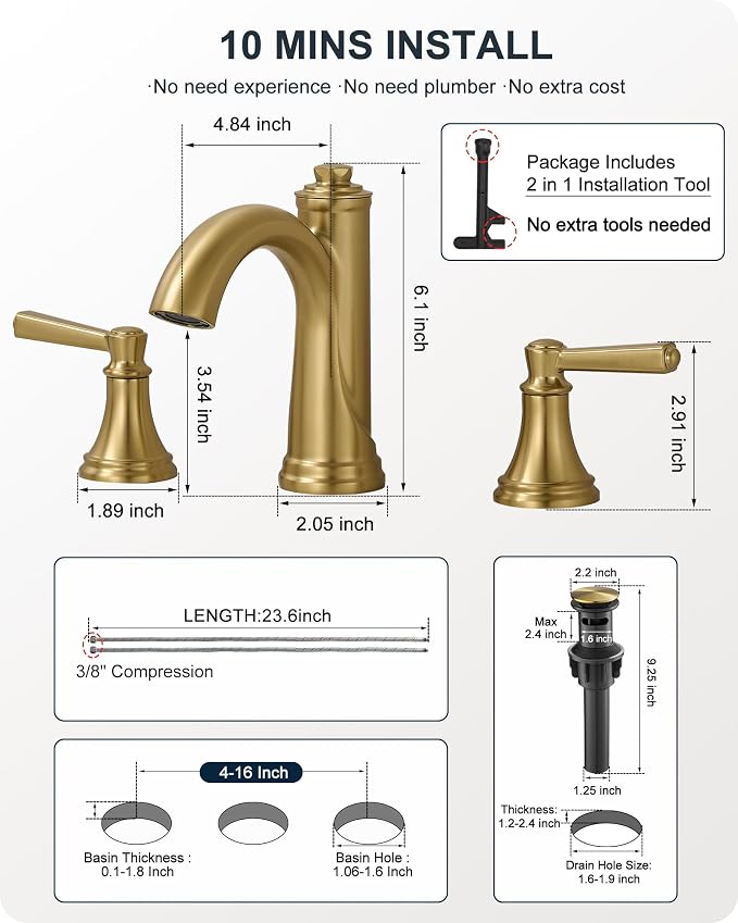 Bathroom Sink Faucet 3 Hole, 8 Inch Gold Bathroom Faucet with Drain | Lead-Free Brass, Widespread 2 Handles, Pre-installed cUPC Supply Hoses, For Rv Lavatory Restroom Vanity, 10 Mins Installation