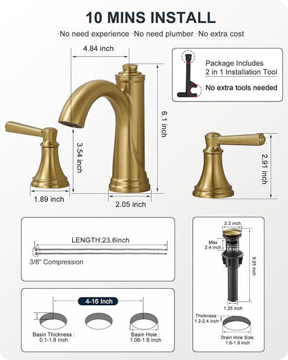 Bathroom Sink Faucet 3 Hole, 8 Inch Gold Bathroom Faucet with Drain | Lead-Free Brass, Widespread 2 Handles, Pre-installed cUPC Supply Hoses, For Rv Lavatory Restroom Vanity, 10 Mins Installation