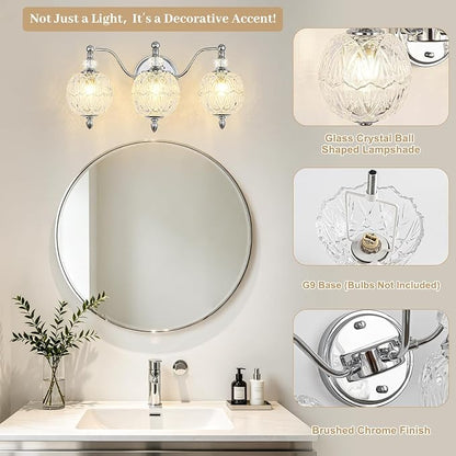 Brushed Chrome Bathroom Vanity Light, 3-Light Mid Century Modern Brushed Chrome Finish Wall Sconce with Globe Glass Shades, Modern Mirror Light for Bathroom, Powder Room