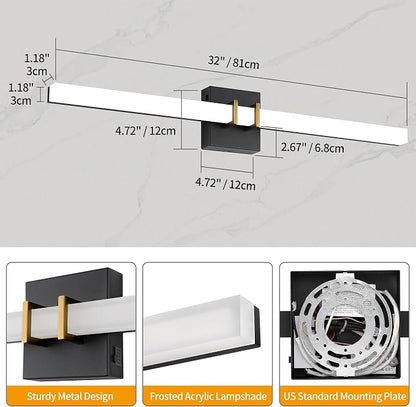 Modern Black and Brass Vanity Light Bar 32 Inch, 24W 5CCT Dimmable Bathroom Light Fixtures LED Wall Lighting Fixture
