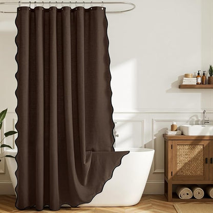 MIULEE 84" Long Brown Scalloped Linen Shower Curtain 72W x 84L | 12 metal hooks, Linen scalloped, waterproof washable, thick heavy cloth, black border, boho farmhouse, bathroom hotel use