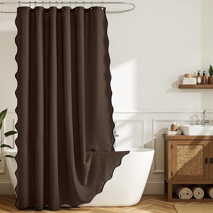 MIULEE Brown Scalloped Linen Shower Curtain 72W x 72L | 12 metal hooks, Linen scalloped, waterproof washable, thick heavy cloth, black border, boho farmhouse, bathroom hotel use