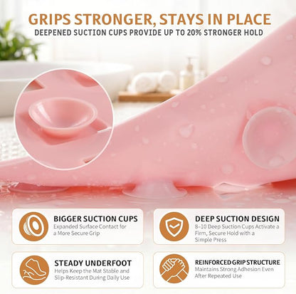 Yimobra Bathtub Mat Non Slip, Super Strong Suction Cups, 28"X16" Long Shower Mat with Drain Holes, Machine Washable Fast Draining Bath Mats, Bathroom Essentials,Pink