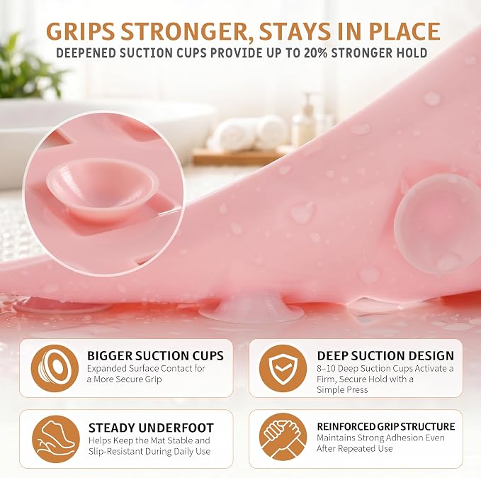 Yimobra Bathtub Mat Non Slip, 35"X16" Shower Mat with Strong Suction Cups & Drain Holes, Long Anti Slip Bath Tub Mat for Inside Shower, Machine Washable Fast Drying, Bathroom Essentials, Pink