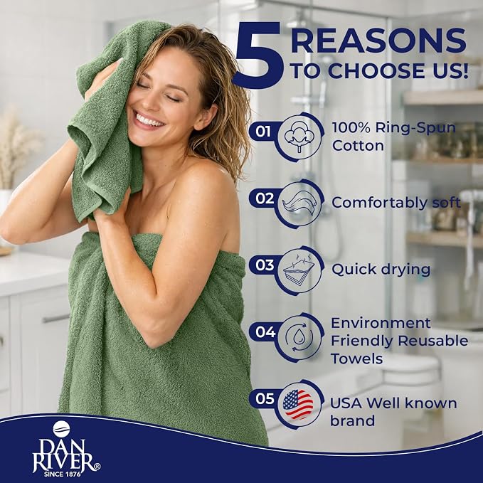 DAN RIVER 8 Piece Luxury Bath Towels for Bathroom, Towel Set, Sage Green | 2 Bath towels, 2 Hand towels, and 4 Wash Cloths, 600 GSM 100% Ring Spun Cotton, Highly Absorbent, Gym, Hotel, guest, and Spa