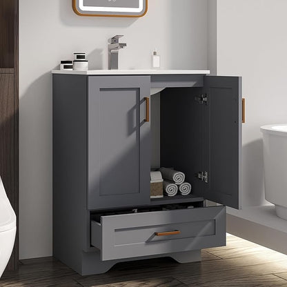 24 inch Bathroom Vanity with Sink, Modern Grey Vanity for Bathroom with Undermount Ceramic Sink, Freestanding 2-Door & 1-Drawer Storage Cabinet, for Small Bathroom Space, (Grey, 24")