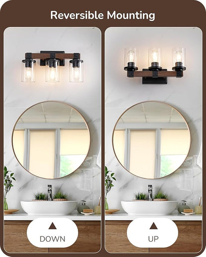 EDISHINE Farmhouse Vanity Lights for Bathroom, 3-Light Bathroom Vanity Light Fixtures Over Mirror, Painted Wood Vintage Bath Wall Sconces Lamp with Bubble Glass Shade for Bedroom, Powder Room