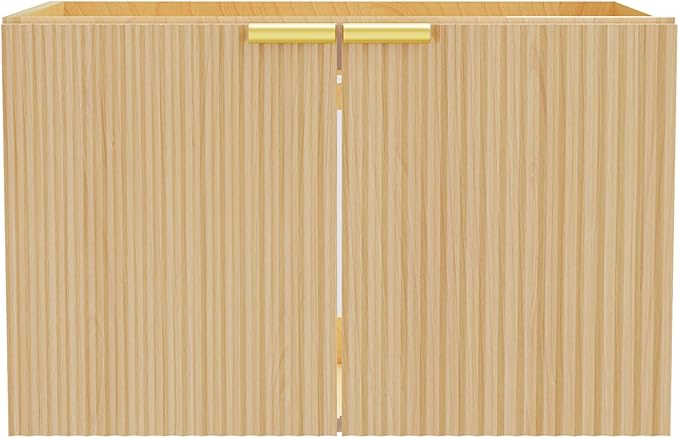 Modern Bathroom Vanity Without Sink, Floating Wall Mount Cabinet with Wavy Textured Doors, Waterproof Storage for Small Bathroom, Soft-Close Design, Nature Wood (Nature Without Sink, 30")