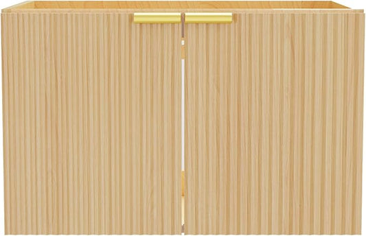 Modern Bathroom Vanity Without Sink, Floating Wall Mount Cabinet with Wavy Textured Doors, Waterproof Storage for Small Bathroom, Soft-Close Design, Nature Wood (Nature Without Sink, 30")