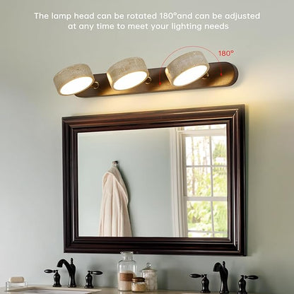 Wood Farmhouse Bathroom Vanity Light,Natural Stone Travertines Walnut Wall Lamp 3 Lights Travertine Shade Wabi Sabi Lamp, Linear Bathroom Vanity Lighting Rotatable 30W LED Wall Fixture Over Mirror