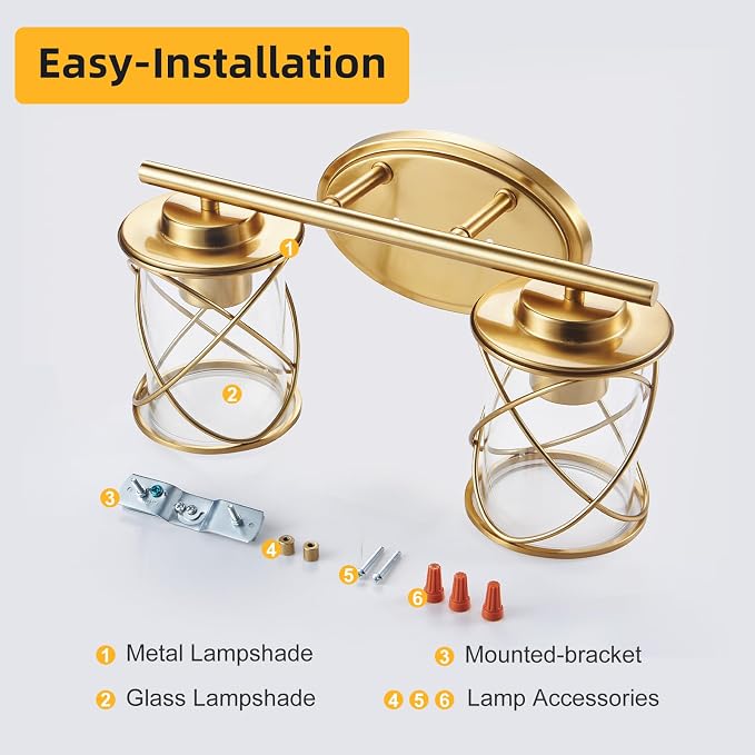 Modern Vanity Lights with Cage Shade, 2 Lights Over Mirror, Brushed Gold Vanity Light for Bathroom, Kitchen, Bedroom
