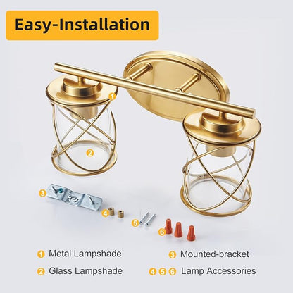 2-Lights Bathroom Vanity Lights, Bathroom Light Fixtures Over Mirror, Brushed Gold Vanity Light, Farmhouse Wall Lights with Clear Glass Shade, Bathroom Wall Lamp for Mirror Kitchen Bedroom