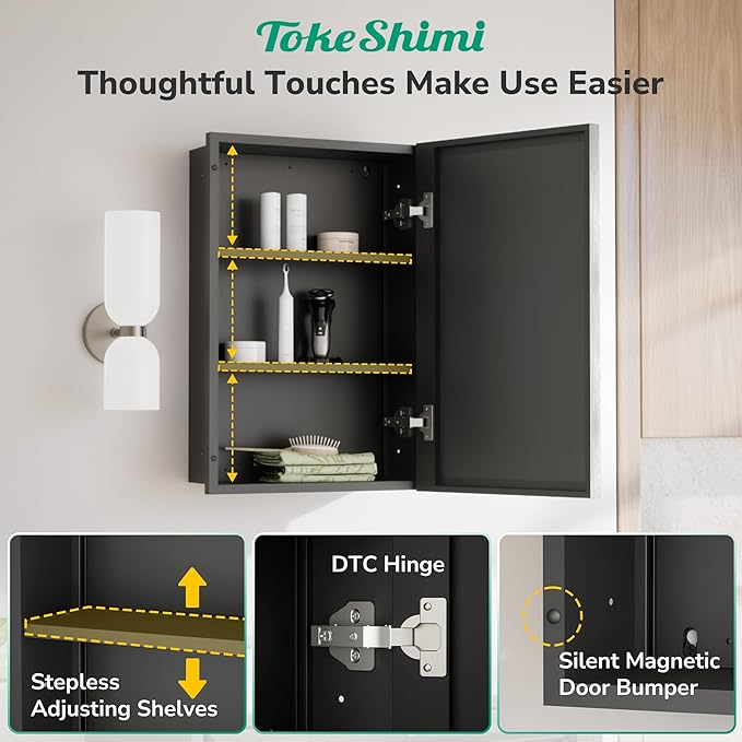 16x24 Beveled Mirrored Medicine Cabinet Wall Mounted or Recessed Medicine Cabinet with Mirror for Bathroom Brushed Nickel, Aluminum Framed Metal Mirror with Storage Adjustable