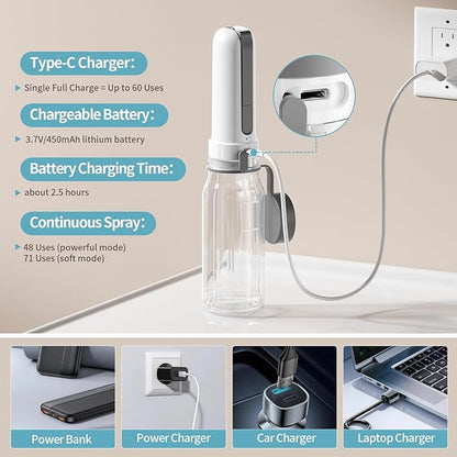 Portable Bidet for Travel with 260ML Bottle, Rechargeable Electric Bidet Bottle for Women Men Baby Cleaning, Waterproof High Pressure Sprayer for Personal Hygiene (White & Gray)