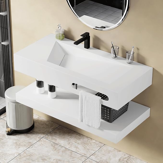Wall-Mounted Resin Stone 40" Bathroom Sink, Seamless Integrated Vessel Sink with Sloped Design & Open Storage Shelf, Modern Floating Vanity for Bathrooms & Outdoor Spaces