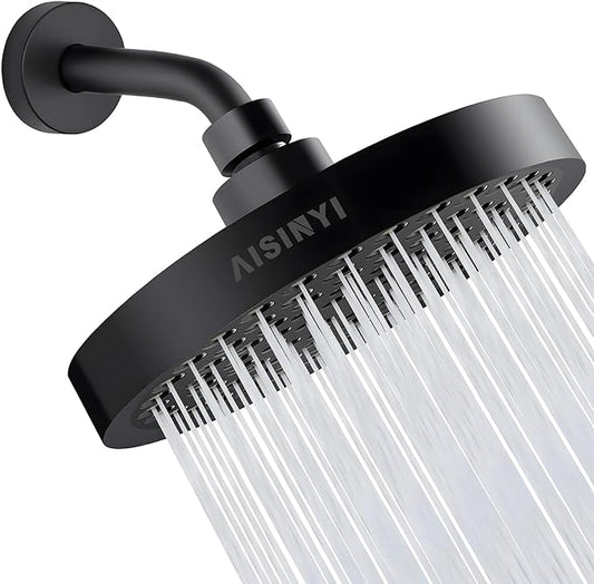 6" Rain Shower Head & 6" Shower Arm, Luxury Matte Black Finish | High Pressure 6 Inch Fixed Showerhead, Adjustable Replacement, 90 Nozzles, Removable Restrictor, Tool-Free Easy to Install