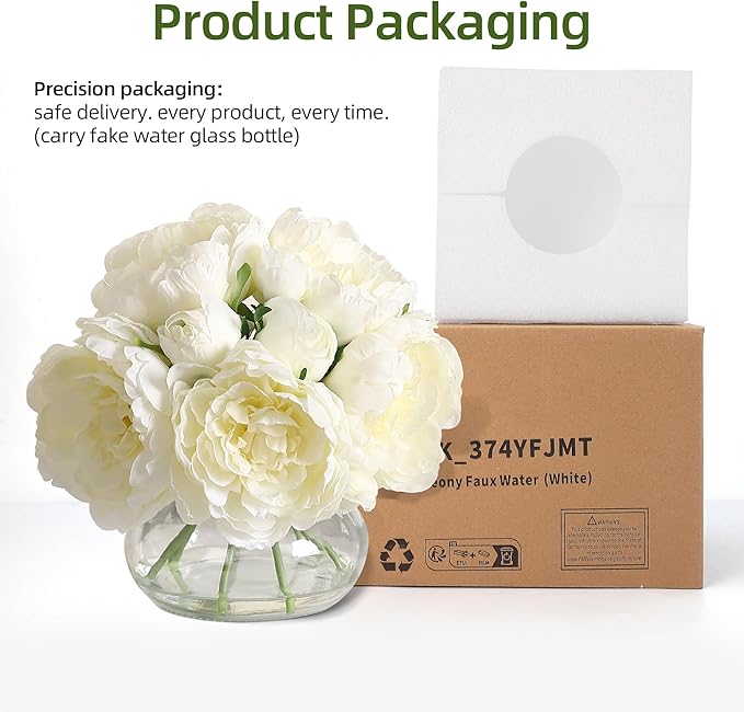 Garvee Artificial Peonies Flowers with Vase, Mixed White Silk Peony Bouquet with Faux Water in Glass Vase, Lifelike Fake Peonies Floral Arrangement for Table Centerpiece, Wedding, Party, Home Decor