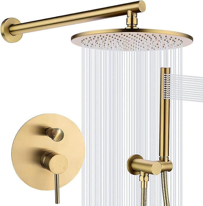 TRUSTMI 12" Pressure Balance Rain Shower System with Handheld, Brushed Gold | Rain shower faucet with cUPC valve and handheld spray. Prevents scalding, ideal for safe modern bathroom upgrades