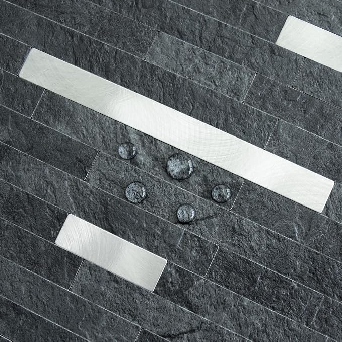 AULIGET 2 Sheets Black Slate Peel and Stick Backsplash, PVC Mixed Metal Silver Wall Tile Stick on Backsplash for Kitchen and Bathroom