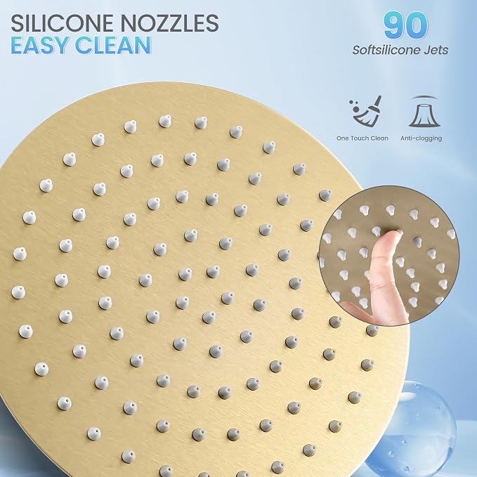 Brushed Gold Round Rainfall Shower Head, All Metal Stainless Steel Rain Shower Heads with 90 Anti-Clog Silicone Nozzles, Wall or Ceiling Mount, 8 inch