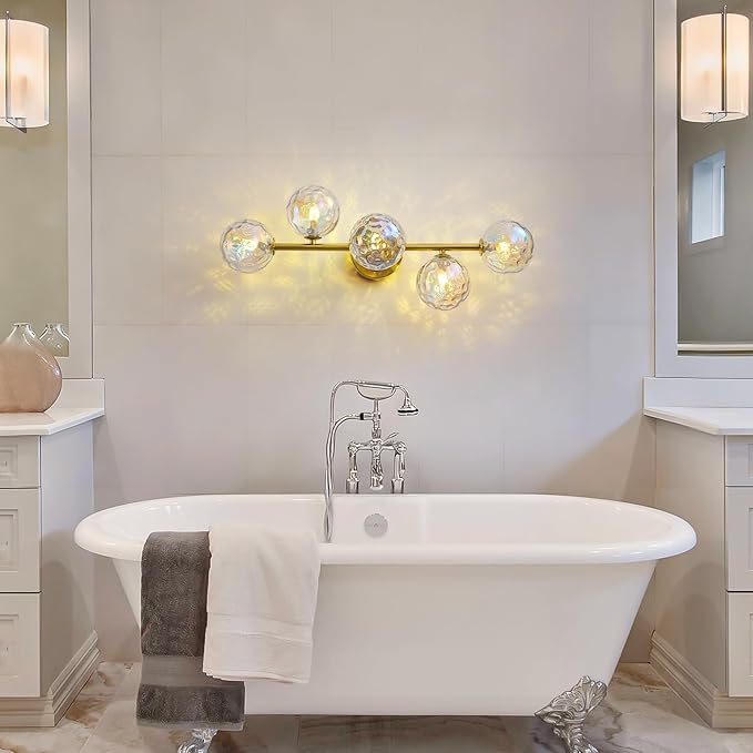 Gold Bathroom Vanity Light Fixtures: Modern Wall Scones With Stained Glass Shades - Globe Makeup Lighting Fixture over Mirror - Brass Ball Powder Room Vanities Lights for Bathroom Bulbs not Included