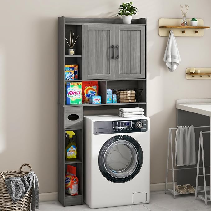 Vabches Farmhouse Over The Toilet Storage Cabinet with Barn Door, Wash Grey | Storage Cabinet Over Toilet, Home Space-Saving Toilet Rack, for Bathroom, Restroom, Laundry