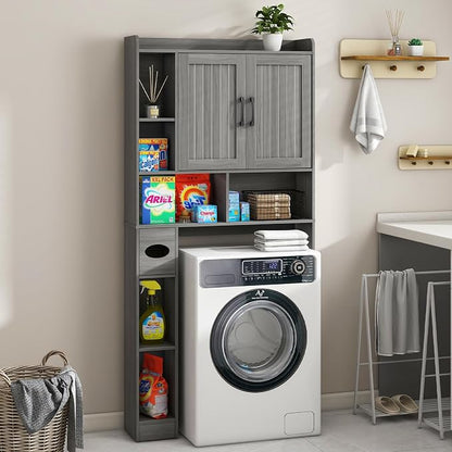 Vabches Farmhouse Over The Toilet Storage Cabinet with Barn Door, Wash Grey | Storage Cabinet Over Toilet, Home Space-Saving Toilet Rack, for Bathroom, Restroom, Laundry