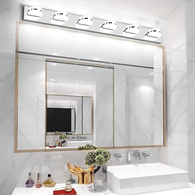 Aipsun 6 Lights Modern Chrome LED Vanity Light Acrylic Stainless Steel Bathroom Wall Light Over Mirror(White Light 6000K)