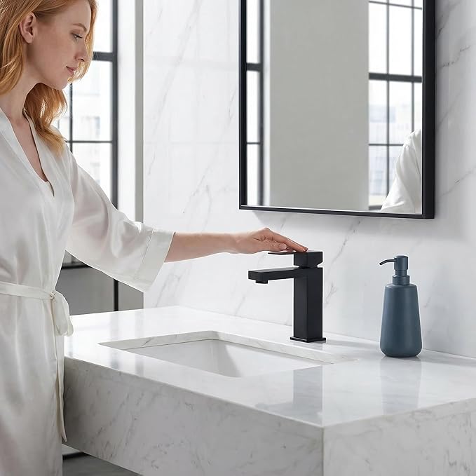 Matte Black Bathroom Faucet, Modern Single Handle Square Bathroom Sink Faucet with Pop Up Drain Assembly, Stainless Steel Vanity Bathroom Faucets, Single Hole Deck Mount,BF011B