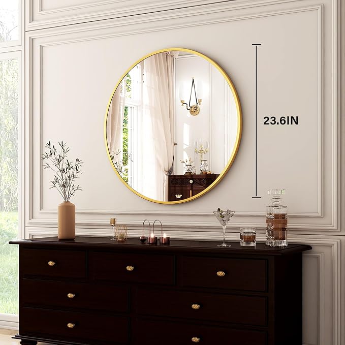 HARRITPURE 24 Inch Round Mirror Gold Circle Bathroom Mirror | Modern Aluminum Alloy Frame Wall Mounted Vanity Mirror for Living Room, Bedroom, Entryway