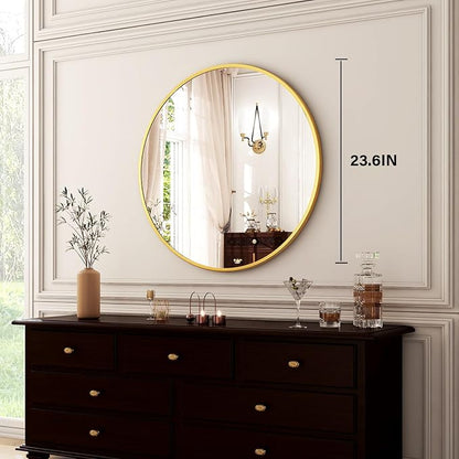 HARRITPURE 24 Inch Round Mirror Gold Circle Bathroom Mirror | Modern Aluminum Alloy Frame Wall Mounted Vanity Mirror for Living Room, Bedroom, Entryway