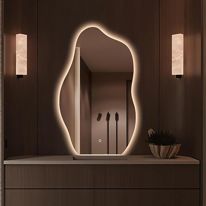 Niccy Irregular LED Bathroom Mirror, Wavy Backlit Wall Mirror, 24"x40" | Frameless Lighted Mirror for Bedroom Living Room, Modern Smart-Mirror with 3 Color Lighting, Anti-Fog, Memory Function