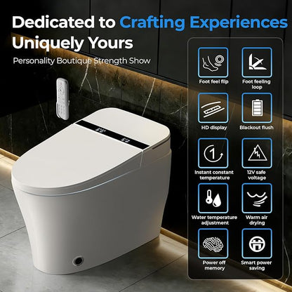 Smart Toilet With Built-in Tank Bidet, Heated Seat & Foot Sensor, Tankless Modern Elongated Electric Toilet with Warm Water Wash, Air Dryer, LED Display & 1.28 GPF