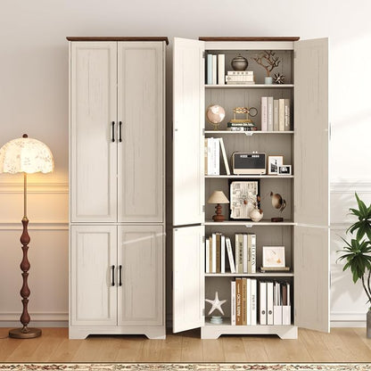 Function Home 72" Kitchen Pantry Cabinet, Tall Wood Farmhouse Storage Cabinet with Doors and Adjustable Shelves, 6 Tier Freestanding Cupboard for Kitchen Dining Living Room Bathroom, Antique White