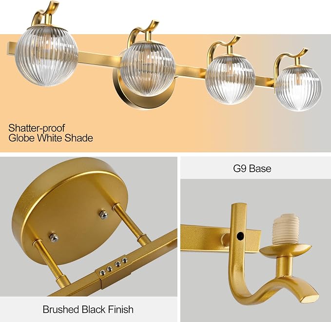 Lightdot Upgrade 4 Light Bathroom Vanity Light, 26" Modern Gold Vanity Lights with Waterproof Crystal Ribbed Lampshade, Rust-Proof Bathroom Light Fixtures Over Mirror for Kitchen Hallway Cabinet